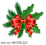 Symbolic christmas decoration. Isolated mistletoe with fir tree branches, pine cone and red ribbon bow decor. Greenery decorated with snowflakes ornaments. Xmas and new year adornment vector. Mistletoe and Pine Tree Branch with Ribbon Bow. Стоковая иллюстрация, агентство Ingram Publishing / Фотобанк Лори