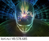 Enlightened Thought. Lucid Mind series. Abstract design made of 3D rendering of glowing wire mesh human face relevant for artificial intelligence, human consciousness and spiritual AI. Стоковое фото, агентство Ingram Publishing / Фотобанк Лори