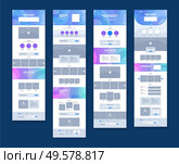 Modern website page design set in pastel colors with field for articles gallery logo contacts isolated on blue background flat vector illustration. Стоковая иллюстрация, агентство Ingram Publishing / Фотобанк Лори