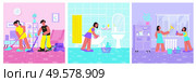 Spring cleaning 3 square flat compositions set with scrubbing bathtub washing windows vacuuming sweeping floor vector illustration. Стоковая иллюстрация, агентство Ingram Publishing / Фотобанк Лори