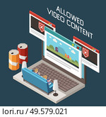 Parental web control isometric composition with blocked unwanted content children watching allowed cartoon on laptop vector illustration. Стоковая иллюстрация, агентство Ingram Publishing / Фотобанк Лори