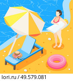 Sunscreen isometric background composition with view of sea coast with beach couch umbrella and sunburn cream vector illustration. Стоковая иллюстрация, агентство Ingram Publishing / Фотобанк Лори