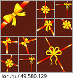 Decoration for gifts or presents, yellow and red ribbon bows. Silk tape of different shapes, set of decorative stripes tied in knot. Holidays adornment collection for festive. Vector in flat. Decorative Ribbon Bows and Silk Tapes Set Vector. Стоковая иллюстрация, агентство Ingram Publishing / Фотобанк Лори