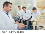 Doctor lecturing students, pointing to skeleton. Стоковое фото, агентство Ingram Publishing / Фотобанк Лори
