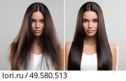 Transforming frizzy hair to sleek, shiny strands for a stunning look. Укладка до и после демонстрирует, как волосы женщины превращаются из вьющихся в гладкие. Этот контраст подчеркивает эффективность методов ухода за волосами и средств, усиливающих блеск. Стоковое AI-изображение, AI-художник Katsiaryna Repich / Фотобанк Лори
