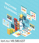 Artificial intelligence isometric composition with editable text and holographic windows with graphs touched by anthrophomorphic robot vector illustration. Стоковая иллюстрация, агентство Ingram Publishing / Фотобанк Лори