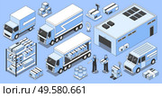 Isometric logistics set of isolated truck images warehouse building and boxes with loaders and worker characters vector illustration. Стоковая иллюстрация, агентство Ingram Publishing / Фотобанк Лори