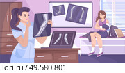 X ray fracture composition doctor examines an x-ray of his patient with a bruised arm vector illustration. Стоковая иллюстрация, агентство Ingram Publishing / Фотобанк Лори