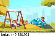 Outdoor activities with characters of playing kids seesaw and sand pit with silhouette of cityscape background vector illustration. Стоковая иллюстрация, агентство Ingram Publishing / Фотобанк Лори