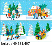 Four pictures of families that spend time actively together outdoor. Mother, father and their children making snowman or preparing for christmas, tubing or sledding. Vector illustration in flat style. Families Spend Time Actively, Wintertime Holidays. Стоковая иллюстрация, агентство Ingram Publishing / Фотобанк Лори