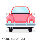 Retro car, back view of old vehicle, pink cabriolet in flat design style, wheels and motor, light and glass, side mirrors, old-fashion automobile vector. Cabriolet Back View, Pink Retro Automobile Vector. Стоковая иллюстрация, агентство Ingram Publishing / Фотобанк Лори