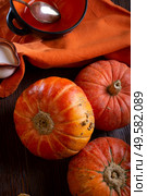 ripe orange pumkins served at wooden brown table with  orange bowl and coconut milk.  top view. healthy life concept. Стоковое фото, агентство Ingram Publishing / Фотобанк Лори