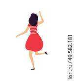Female dancer dancing in club vector, person wearing red dress clubbing female in nightclub having fun and relaxing. Cheerful lady back view flat style. Woman Dancing in Club Person Jumping Female Dancer. Стоковая иллюстрация, агентство Ingram Publishing / Фотобанк Лори