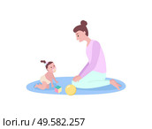Baby with mother vector, woman sitting on mat playing with toys, small girl wearing diaper and funny hairstyle. Parental care and happy moments. Mother Playing with Small Kid, Woman and Baby. Стоковая иллюстрация, агентство Ingram Publishing / Фотобанк Лори