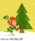 Xmas character with present in hands passing christmas tree. Elf running with gift decorated with wrapping paper and bow. Hurrying pixie with red hair. Snowfall in forest, vector in flat style. Elf Running with Giftbox Passing Pine Tree Spruce. Стоковая иллюстрация, агентство Ingram Publishing / Фотобанк Лори