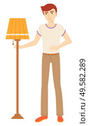 Young man selling vintage torchiere or orange floor lamp. Retro stylish piece of furniture for garage sale. Flea Market, second hand concept vector illustration. Man Selling Torchiere Floor Lampshade Vector Image. Стоковая иллюстрация, агентство Ingram Publishing / Фотобанк Лори