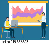 People working in office on analysis of information vector, man and woman with whiteboard and flowchart colored. Workspace workers with gadgets flat style. Whiteboard with Information Infochart Stats Info. Стоковая иллюстрация, агентство Ingram Publishing / Фотобанк Лори