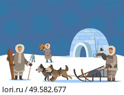 Settlement of arctic people. Characters living in cold climate. Igloo house made of ice cubes. Man traveling using sledges and husky dogs. Male with spire and hunted fish on stick, vector in flat. Arctic People Settlement, Igloo and Inuits Village. Стоковая иллюстрация, агентство Ingram Publishing / Фотобанк Лори