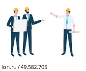 Workers character holding broadsheet, teamwork cooperation, group of people in helmets discussing, employees communication, men organization vector. Project Management, Workers Discussion Vector. Стоковая иллюстрация, агентство Ingram Publishing / Фотобанк Лори