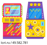 Arcade game machine vector, isolated electronic devices for entertainment and fun. Gaming process fight against aliens in space, spaceship firing straight. Game Machine with Profile Card of Player and Fight. Стоковая иллюстрация, агентство Ingram Publishing / Фотобанк Лори