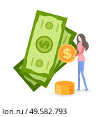 Woman with money vector, isolated person holding golden coin with dollar sign flat style. Investor with savings and profits American banknotes usd. Woman Holding Coins Standing by Banknote Vector. Стоковая иллюстрация, агентство Ingram Publishing / Фотобанк Лори