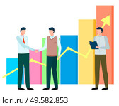 Men stand near statistics chart with analytics. Business meeting for agreement and cooperation. Businessmen doing handshaking about deal. Data graph with up arrow to success. Vector illustration. Men Stand near Statistics Chart, Business Meeting. Стоковая иллюстрация, агентство Ingram Publishing / Фотобанк Лори