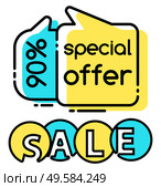 Special offer discount reduction off price, promotional banner in line style. Clearance of shop proposing clients goods on low cost. Business offer at market. Shopping with economy vector in flat. Special Offer 90 Percent Discount Sale on Goods. Стоковая иллюстрация, агентство Ingram Publishing / Фотобанк Лори