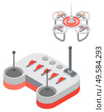 Drone with remote controller, wireless device with propellers, quadcopter symbol, aircraft with remotely radio controlled flying robots, discovery air robot for video and photo, multicopter vector. Quadcopter and Remote Controller, Drone Vector. Стоковая иллюстрация, агентство Ingram Publishing / Фотобанк Лори