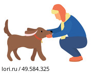 Person character sitting near dog in winter park isolated on white. Human in casual clothes caressing domestic pet in frost season. People active leisure with labrador animal outdoor element vector. Person Caresses Domestic Pet in Winter Park Vector. Стоковая иллюстрация, агентство Ingram Publishing / Фотобанк Лори