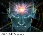 Shining Thought. Lucid Mind series. Interplay of 3D rendering of glowing wire mesh human face related to artificial intelligence, human consciousness and spiritual AI. Стоковое фото, агентство Ingram Publishing / Фотобанк Лори