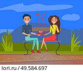 Daring couple sitting on bench at night vector, man and woman on date. Woman receiving gift from beloved person, smiling lady and love hearts flat style. Couple Having Date, Evening Park Man and Woman. Стоковая иллюстрация, агентство Ingram Publishing / Фотобанк Лори