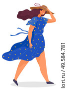 Young woman walking alone or posing for photo. Lady hold her hat on head. Person dressed in seasonal cloth like blue dotted dress. Windy summer or spring weather. Vector illustration in flat style. Young Woman Walk in Windy Weather and Hold Hat. Стоковая иллюстрация, агентство Ingram Publishing / Фотобанк Лори