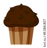 Tasty cupcake isolated on white. Cake decoration with brown choko drops, chips. Baked dessert in paper form, cup. Chocolate confection in bakery. Vector illustration of closeup muffin in flat style. Chocolate Cupcake or Muffin with Choco Decoration. Стоковая иллюстрация, агентство Ingram Publishing / Фотобанк Лори