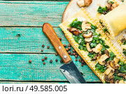 Lasagna with mushrooms,champignons,cheese and spinach. Traditional Italian food.Copy space. Delicious homemade lasagna. Стоковое фото, агентство Ingram Publishing / Фотобанк Лори