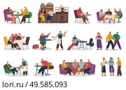 Set of people sitting in cafe or restaurant. Waiter serving client reading newspaper. Barista making cup of beverage for customers. Couple drinking tea and talking. Friends playing games in coffehouse. Coffeehouse Clients and Staff of Cafe Collection. Стоковая иллюстрация, агентство Ingram Publishing / Фотобанк Лори
