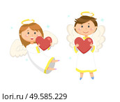 Smiling girl and boy holding heart-shaped balls. Holiday card decorated by angels on white, portrait view of woman and man with wings and nimbus vector. Woman and Man with Wings and Nimbus, Angels Vector. Стоковая иллюстрация, агентство Ingram Publishing / Фотобанк Лори