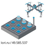 Drone with remote controller, wireless device with propellers, quadcopter symbol, aircraft with remotely radio controlled flying robots, discovery air robot for video and photo, multicopter vector. Quadcopter and Remote Controller, Drone Vector. Стоковая иллюстрация, агентство Ingram Publishing / Фотобанк Лори