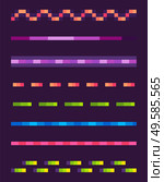 Set of colorful lines on purple, neon dotted and wavy-line, shooting element of space pixel game, shiny laser collection, squared light or burst vector, pixelated cosmic object for mobile app games. Neon Lines Set, Space Pixel Game, Shoot Vector. Стоковая иллюстрация, агентство Ingram Publishing / Фотобанк Лори