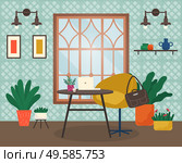 Wooden table with laptop and plants, interior design of modern cafe. Contemporary restaurant look. Establishment with free wifi, desk and comfortable armchair, coworking place vector in flat. Cafe or Restaurant Interior with Table and Laptop. Стоковая иллюстрация, агентство Ingram Publishing / Фотобанк Лори