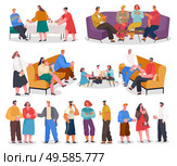 Set of hosts and guests at home reception party. Collection of isolated people talking and drinking wine. Parents and kids playing jenga. Friends meeting at house, friendly company vector in flat. Home Reception Guests and Hosts Collection Vector. Стоковая иллюстрация, агентство Ingram Publishing / Фотобанк Лори