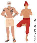 Indian man posing, yoga technology, smiling fit male with tattoos on body. People ethnicity, meditate and posing person, human character standing vector. Fit People, Indian Man, Male with Tattoos Vector. Стоковая иллюстрация, агентство Ingram Publishing / Фотобанк Лори