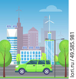 Green minivan or multi purpose vehicle rides on asphalted road in city. Green trees near highway, good weather. Cityscape with many buildings on background. Vector illustration in flat style. Minivan on City Highway, Cityscape and Trees. Стоковая иллюстрация, агентство Ingram Publishing / Фотобанк Лори