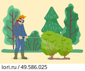 Farmer sprays poison plants using pulverizer on field. Green shrubs growth on garden, man caring about bush. Gardener work on lawn, spill toxicant on greenery. Vector illustration of farming in flat. Farmer Spraying Poison Shrubs Using Pulverizer. Стоковая иллюстрация, агентство Ingram Publishing / Фотобанк Лори
