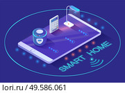Smart home wireless device lamp and intercom electronic equipment on touchscreen phone in neon circle. Connection with online safety technology light and smart key on mobile secure gadget, isometric. Wireless Device Smart Automated Equipment Vector. Стоковая иллюстрация, агентство Ingram Publishing / Фотобанк Лори