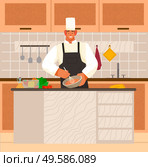 Man stand by table in kitchen at home or restaurant. Chef cook meal from products on desk. Interior with wooden surfaces and shelves with kitchenware and plates. Vector illustration of cooking process. Chef Cooking in Kitchen at Home or Restaurant. Стоковая иллюстрация, агентство Ingram Publishing / Фотобанк Лори