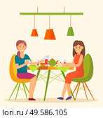 Female friends eating in restaurant together. Women having meals discussing events. People on holidays, meeting of characters. Modern cafe interior design with clients and customers vector in flat. Friends in Restaurant of Cafe Eating Out Vector. Стоковая иллюстрация, агентство Ingram Publishing / Фотобанк Лори
