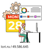 Coder working on laptop, looking at screen of personal computer. Time manager organization of tasks and space. Calendar and whiteboard with charts. Cogwheel and stats. Line character, vector in flat. Developer Working on Project on Laptop Computer. Стоковая иллюстрация, агентство Ingram Publishing / Фотобанк Лори