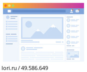 Newsfeed in social media network. Website with picture and content in feed. Blocks with info about user and notifications. Site for chatting and messaging, blogging and posting posts, vector. Social Media Interface Networks Page Newsfeed. Стоковая иллюстрация, агентство Ingram Publishing / Фотобанк Лори