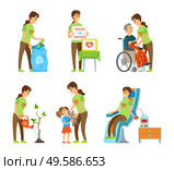 Portrait view of woman volunteer scavenging, donating to orphans, caring to disabled, watering tree, giving toy to kid, giving blood, volunteerism vector. People Volunteering, Environmental Caring Vector. Стоковая иллюстрация, агентство Ingram Publishing / Фотобанк Лори