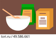 Glass bowl with wooden spatula or spoon for mixing, isolated food ingredients. Pack of flour or special spice for dishes seasoning. Preparation of meal using dry powder from containers vector. Mixing Bowl with Wooden Spoon and Packs of Flour. Стоковая иллюстрация, агентство Ingram Publishing / Фотобанк Лори